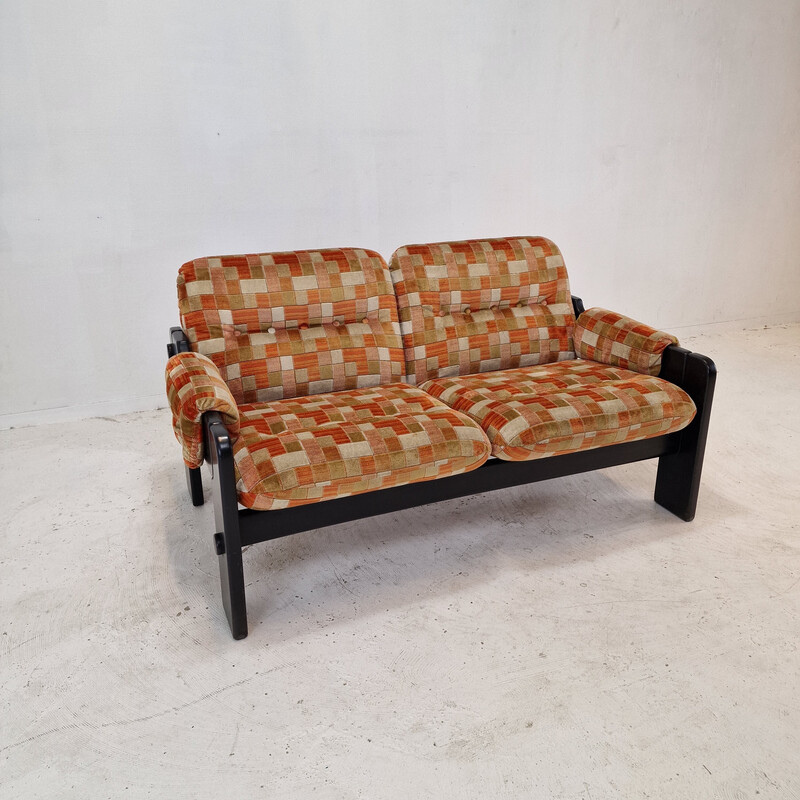 Vintage 2-seater sofa in black wood and multi-colored fabric, Italy 1980