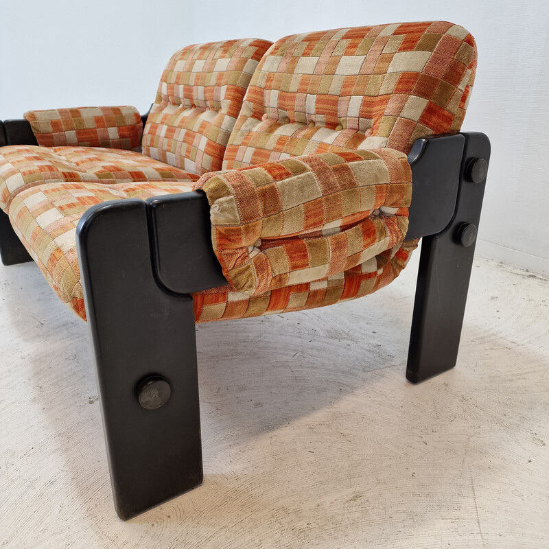 Vintage 2-Sitzer-Sofa aus schwarzem Holz und mehrfarbigem Stoff, Italien 1980