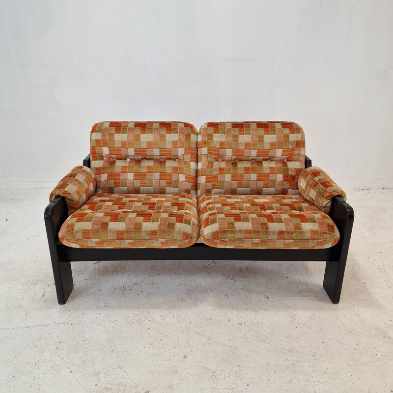 Vintage 2-seater sofa in black wood and multi-colored fabric, Italy 1980