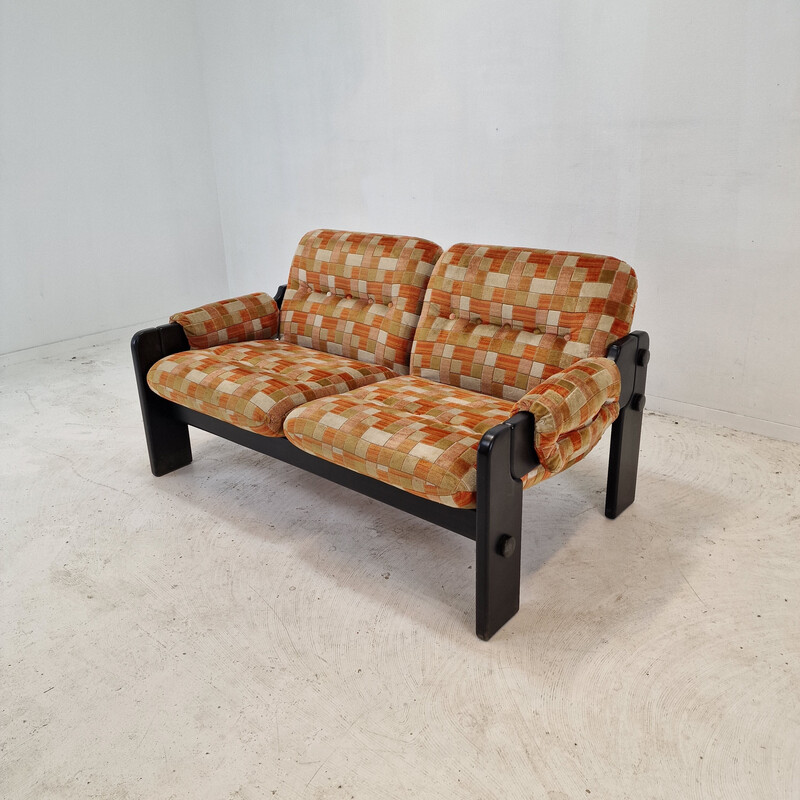 Vintage 2-seater sofa in black wood and multi-colored fabric, Italy 1980