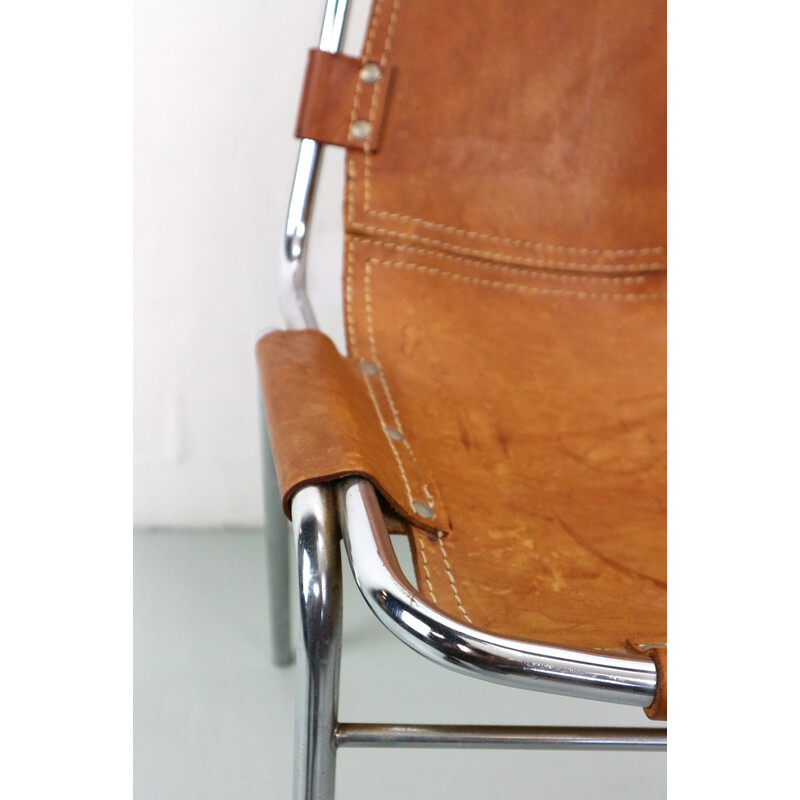 Pair of vintage bar stools in chromed tubular metal and leather by Charlotte Perriand for Les Arcs, 1960