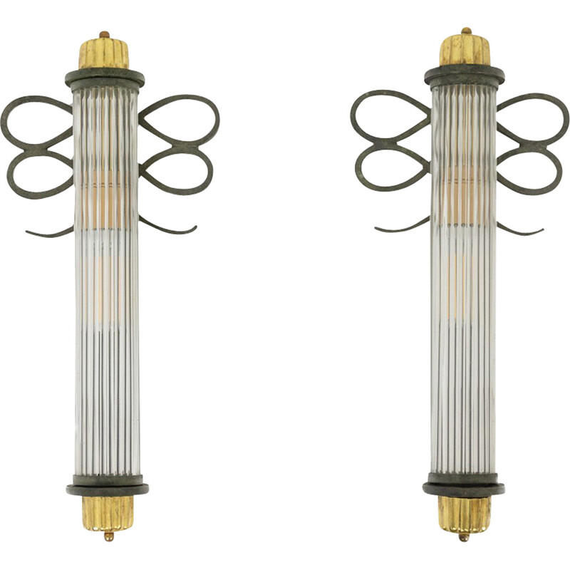 Pair of vintage wall lamp in gilded brass and lacquered iron, 1920