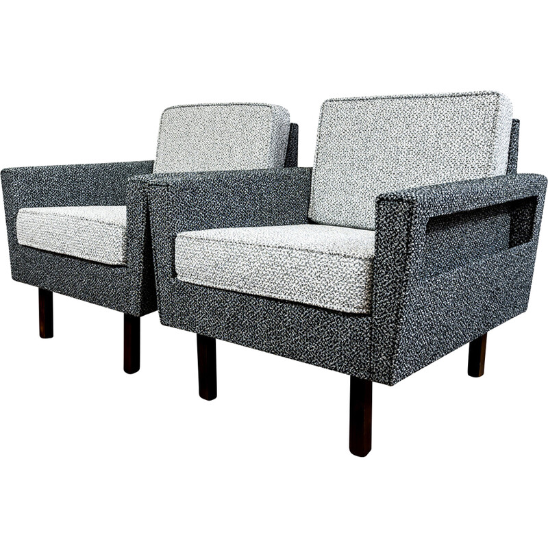 Pair of vintage gray and black woven fabric and gray and white woven fabric armchairs, Poland 1970