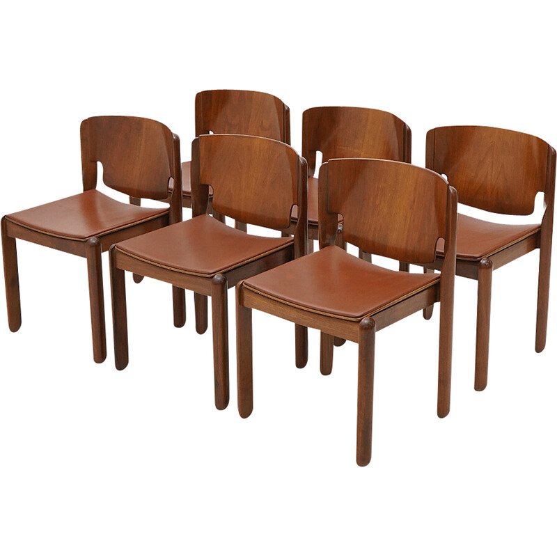 Lot de 6 chaises vintage modèle 122 en bois de noyer et cuir marron de Vico Magistretti pour Cassina, 1960