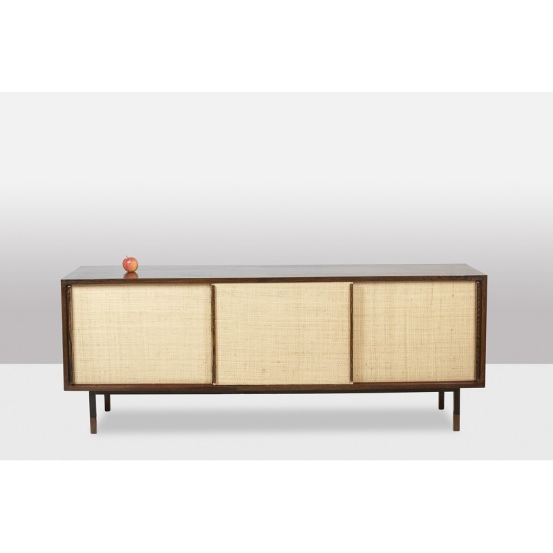 Vintage rectangular sideboard in wenge wood and lacquered metal, Netherlands 1970