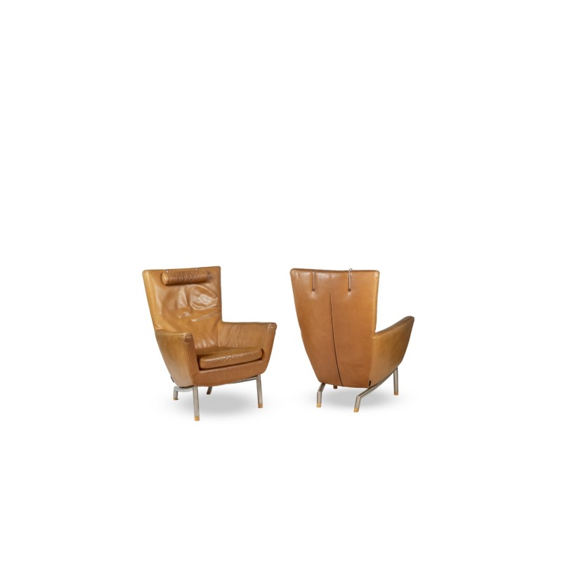 Pair of vintage camel-colored leather and brushed metal armchairs by Gerard Van Den Berg, Netherlands 1980