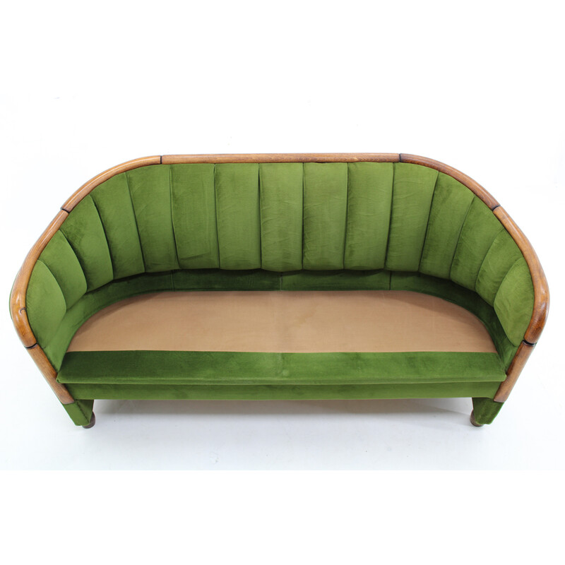 Vintage 2-seater sofa in wood and velvet fabric, Czechoslovakia 1950