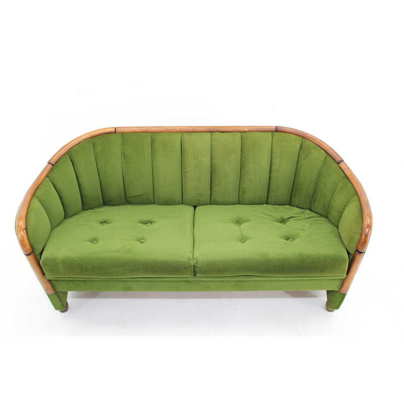 Vintage 2-seater sofa in wood and velvet fabric, Czechoslovakia 1950