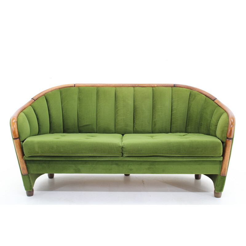 Vintage 2-seater sofa in wood and velvet fabric, Czechoslovakia 1950