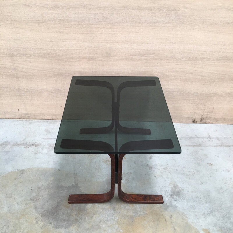 Smoked glass & bend plywood night table - 1960s