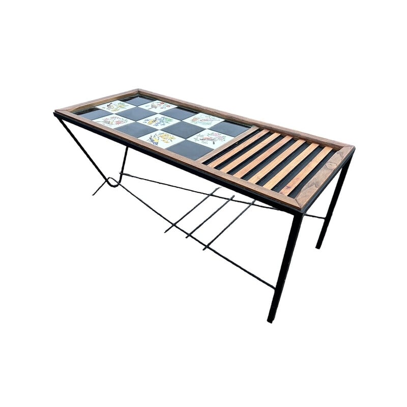 Vintage coffee table in wood and wrought iron, 1950