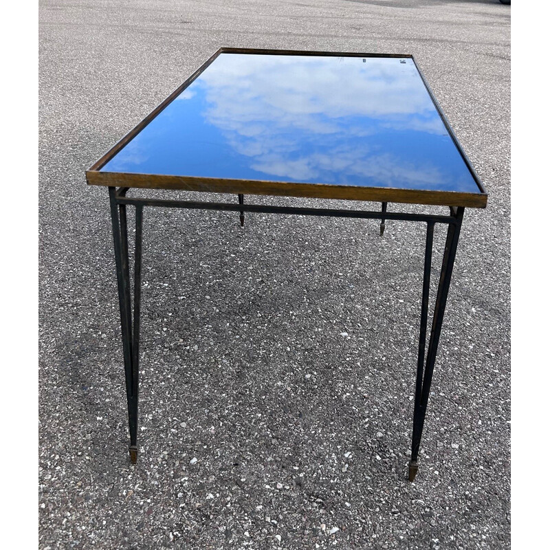 Table basse vintage en fer forgé et verre opalin, 1950