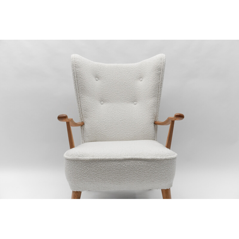 Vintage wing chair in gray Boucle fabric, 1950