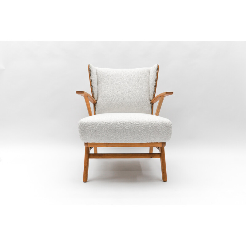 Vintage wingback armchair in white Boucle fabric and wood, Italy 1950