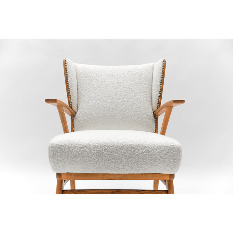 Vintage wingback armchair in white Boucle fabric and wood, Italy 1950
