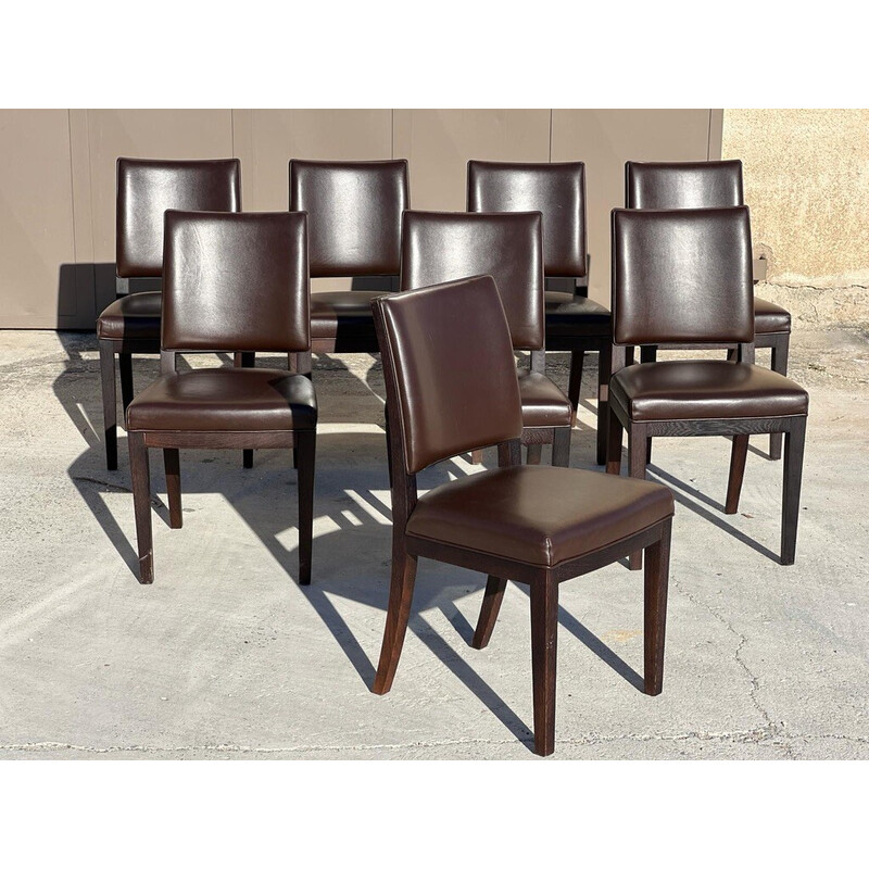 Set of 8 vintage "Calypso" dining chairs in oak and brown leather by Antonio Citterio for Maxalto