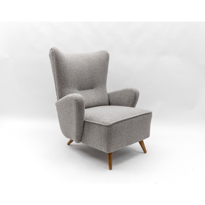 Vintage wingback armchair in gray Boucle fabric, Italy 1950