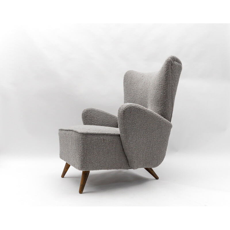 Vintage wingback armchair in gray Boucle fabric, Italy 1950