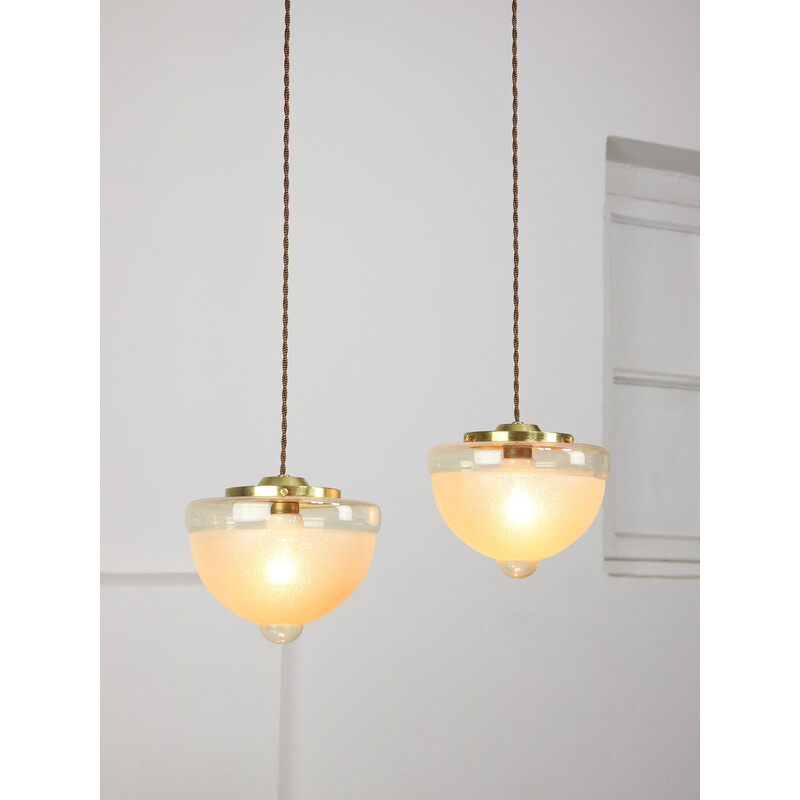 Pair of vintage brass and glass pendant lamp, Italy