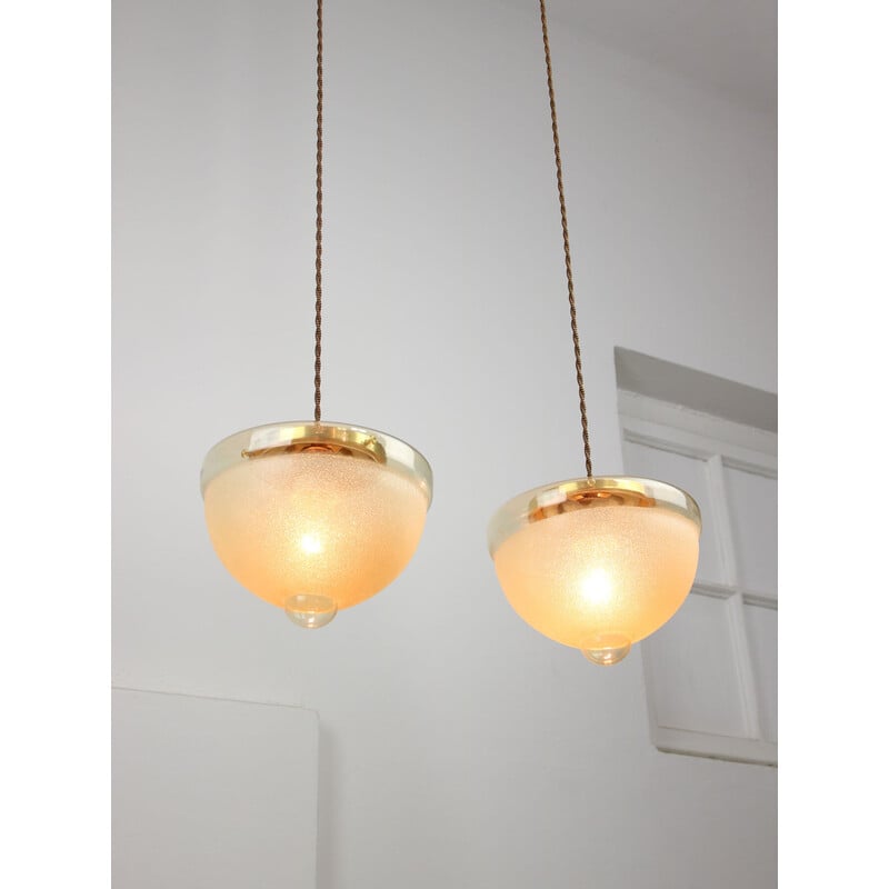 Pair of vintage brass and glass pendant lamp, Italy