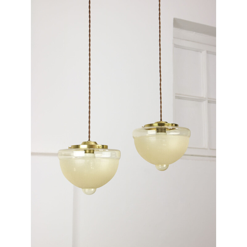 Pair of vintage brass and glass pendant lamp, Italy