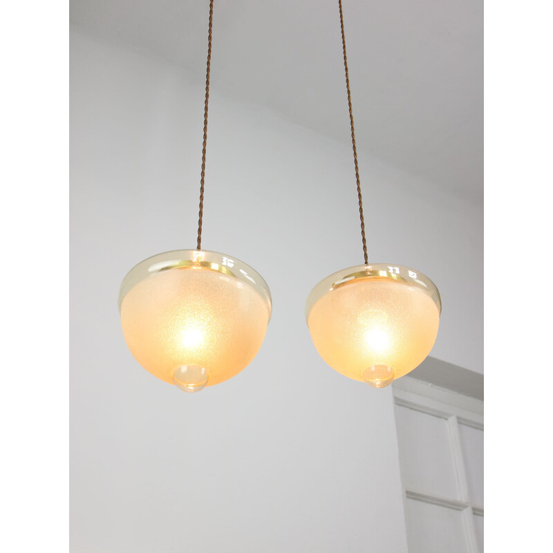 Pair of vintage brass and glass pendant lamp, Italy