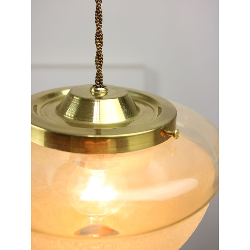 Pair of vintage brass and glass pendant lamp, Italy