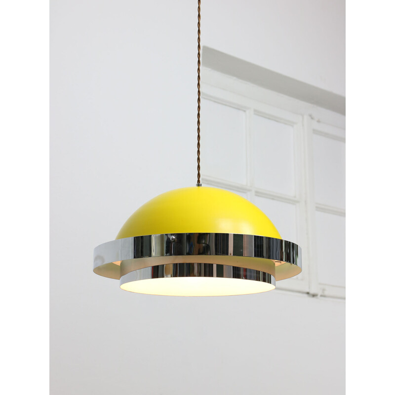 Vintage Space Age pendant lamp in yellow metal and chrome, Italy 1970