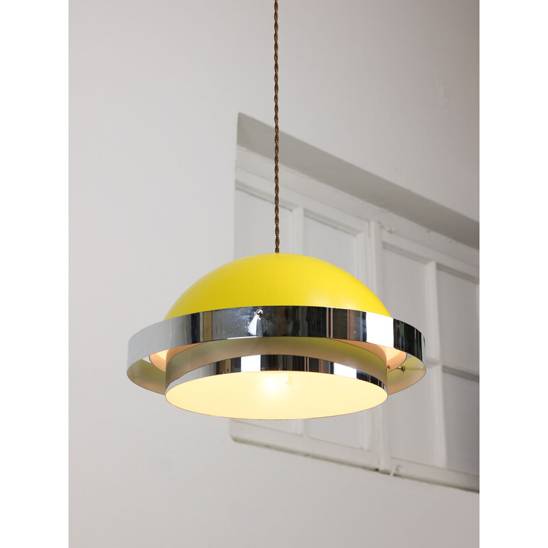 Vintage Space Age pendant lamp in yellow metal and chrome, Italy 1970