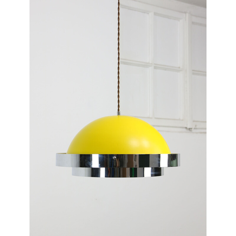 Vintage Space Age pendant lamp in yellow metal and chrome, Italy 1970