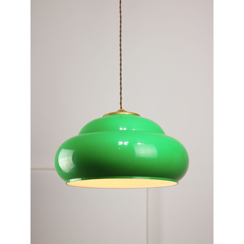 Lampada da tavolo vintage da biliardo verde in ottone e plastica, Italia