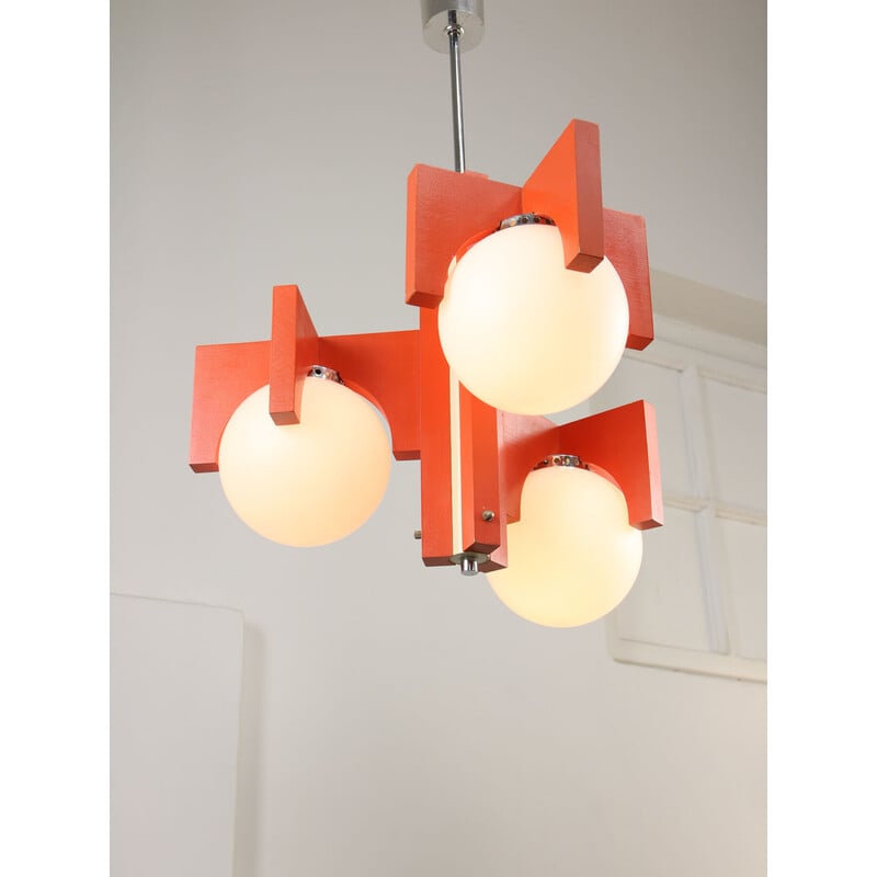 Vintage orange chandelier in opaline glass, Italy 1970