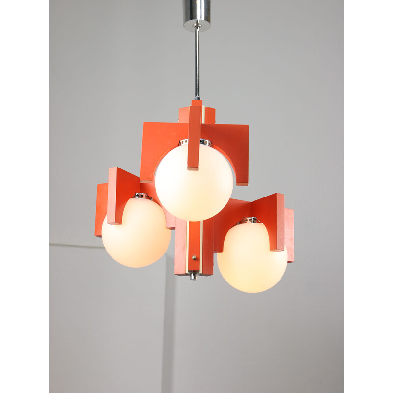 Vintage orange chandelier in opaline glass, Italy 1970