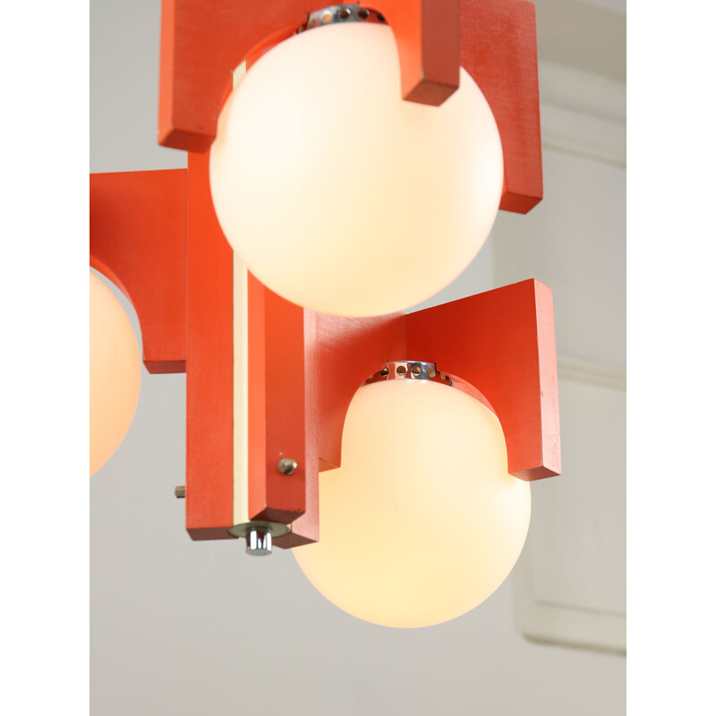 Vintage orange chandelier in opaline glass, Italy 1970