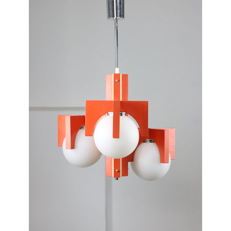 Vintage orange chandelier in opaline glass, Italy 1970