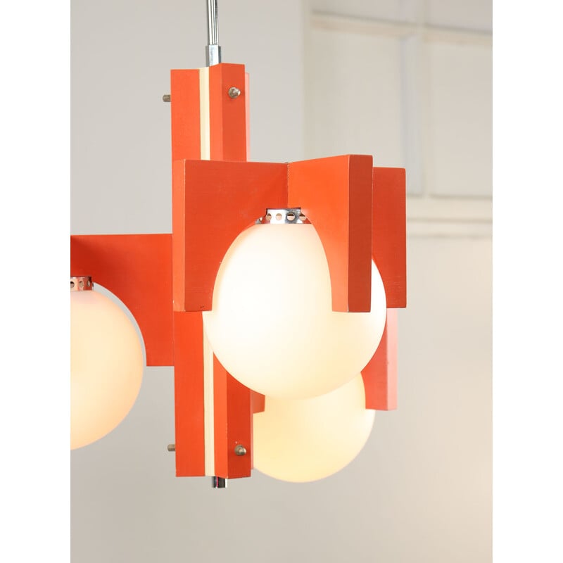 Vintage orange chandelier in opaline glass, Italy 1970