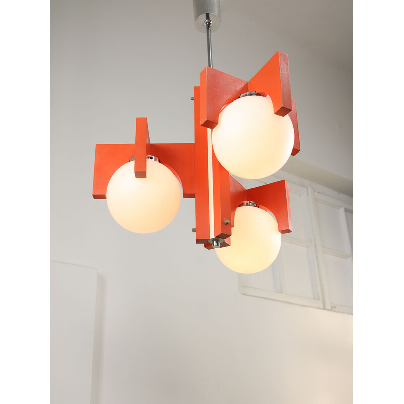 Vintage orange chandelier in opaline glass, Italy 1970