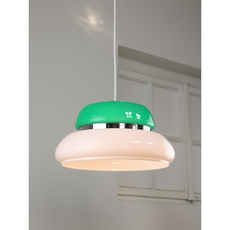 Vintage Space Age ceiling lamp in white and green acrylic glass, Italy 1970