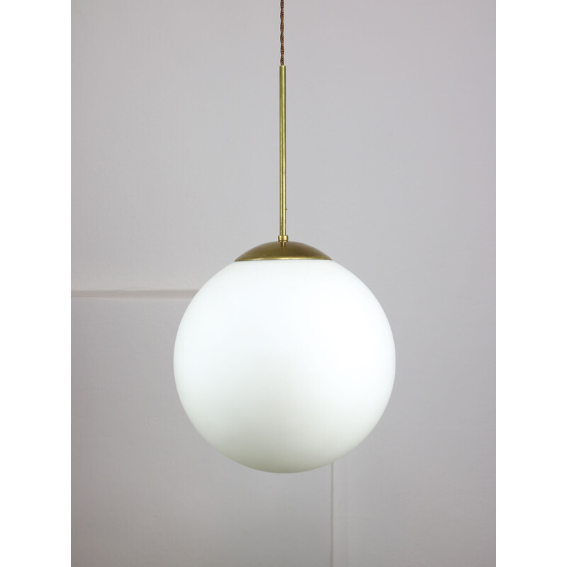 Vintage Sphere pendant lamp in opaline glass and brass, Italy