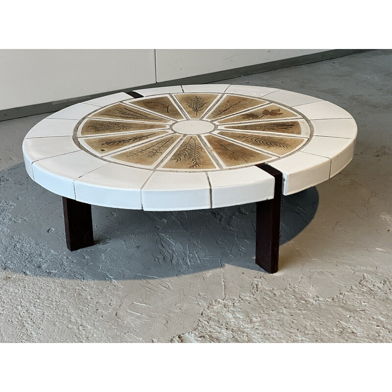 Table basse vintage modèle Kyoto en céramique et chêne de Vallauris de Roger Capron, 1960