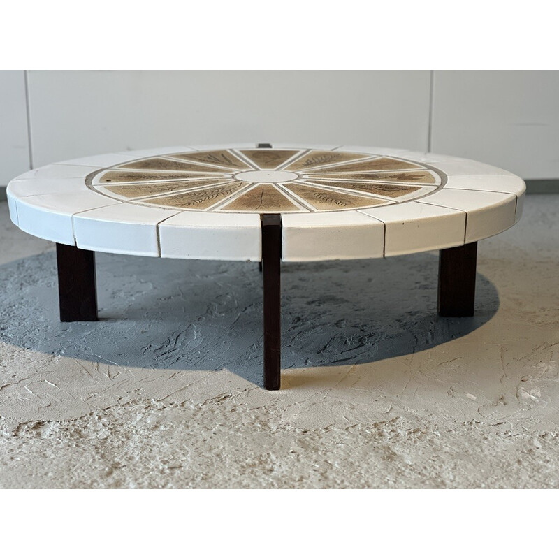 Table basse vintage modèle Kyoto en céramique et chêne de Vallauris de Roger Capron, 1960