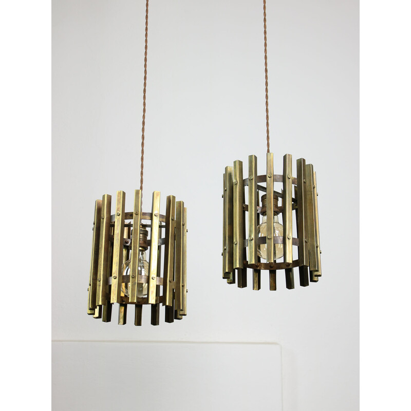 Vintage brass Cage pendant lamp, Italy 1970
