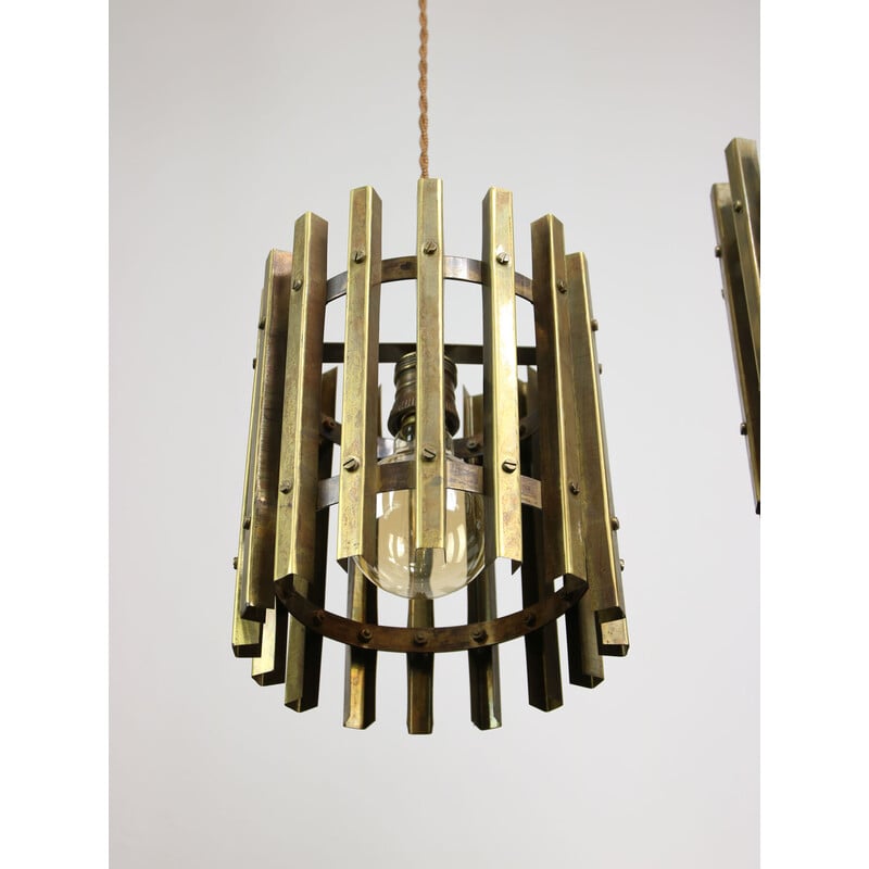 Vintage brass Cage pendant lamp, Italy 1970