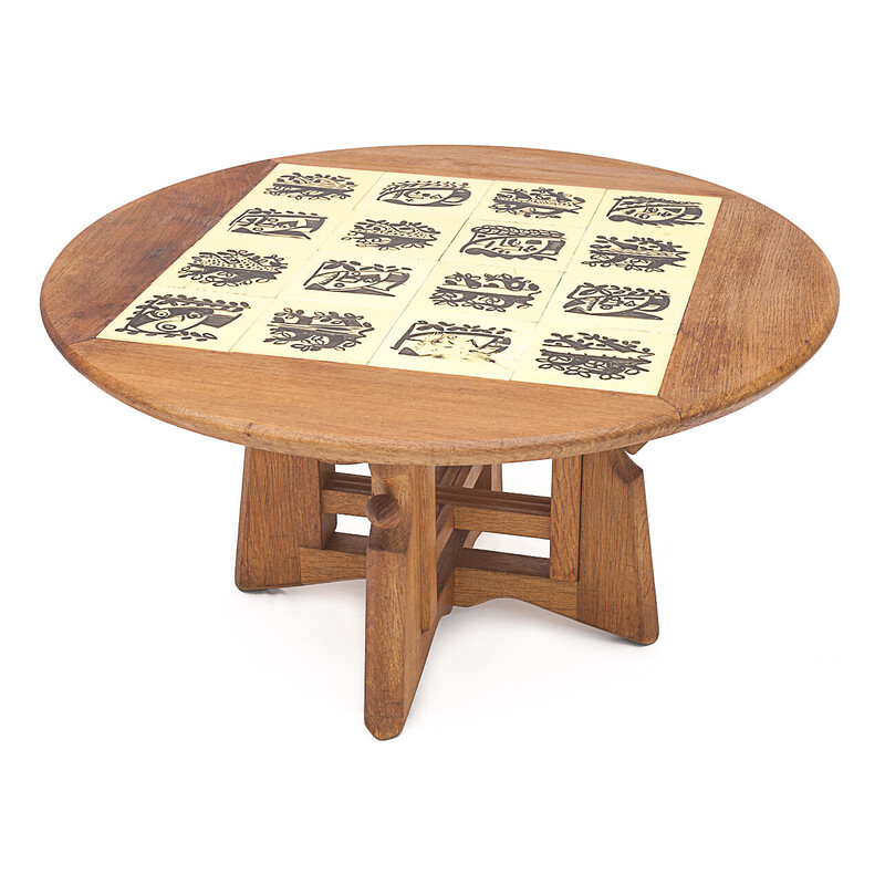 Ladislas" vintage ronde tafel van eikenhout en keramiek door Guillerme et Chambron, 1950
