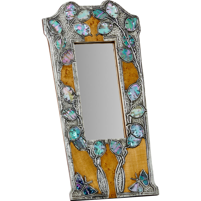 Vintage Art Nouveau table mirror in pewter and amboyna burl, 1910