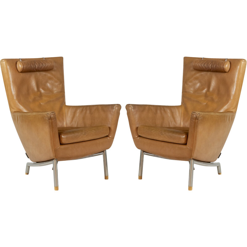 Pair of vintage camel-colored leather and brushed metal armchairs by Gerard Van Den Berg, Netherlands 1980