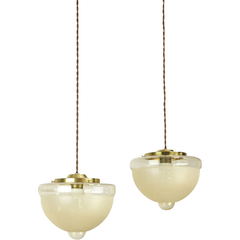 Pair of vintage brass and glass pendant lamp, Italy