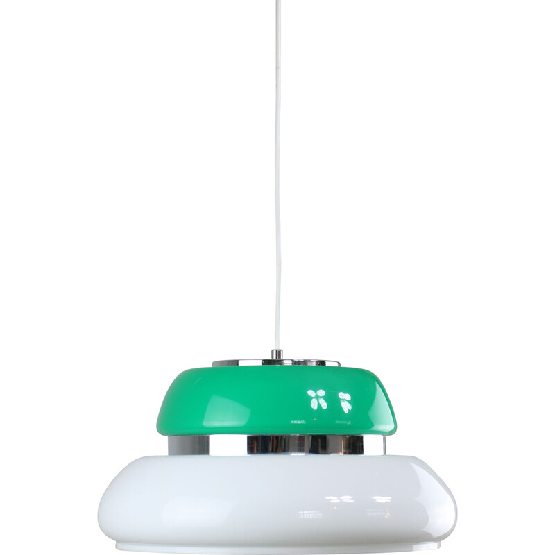 Vintage Space Age ceiling lamp in white and green acrylic glass, Italy 1970