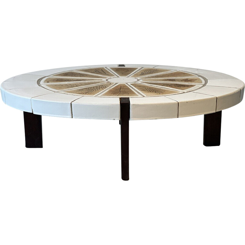 Vintage Kyoto model coffee table in ceramic and Vallauris oak by Roger Capron, 1960