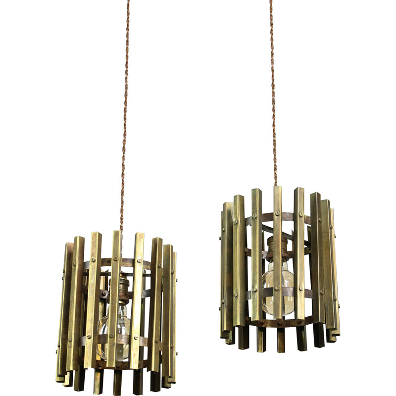 Vintage brass Cage pendant lamp, Italy 1970